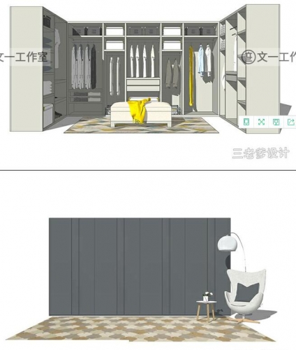 衣帽间草图巨匠SU模子sketchup室内乱设想寝室衣柜素材换衣室打扮间