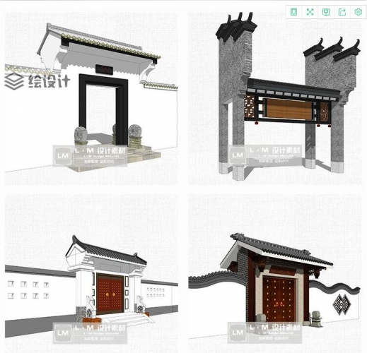 四开院寓居小区中式古典年夜门门楼牌楼草图巨匠景不雅设想素材