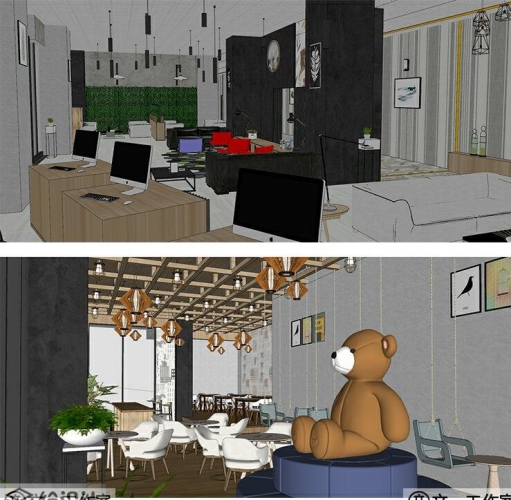 咖啡厅茶室SU模子配套cad施工图餐厅餐饮空间草图巨匠sketchup