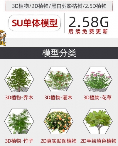 2D3D园林景不雅动物花卉树木乔木花草灌木sketchup草图巨匠SU模子库