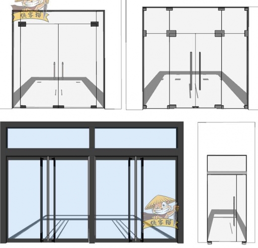 当代贸易办公工拆空间年夜门玻璃单开门单开门推推门草图巨匠SU模子
