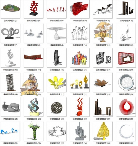当代创意艺术Sketchup贸易街广场安装雕塑修建物景墙小品SU模子库
