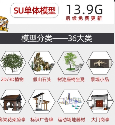 花卉动物乔木灌木假山座椅廊架标识牌景墙雕塑园林景不雅小品SU模子