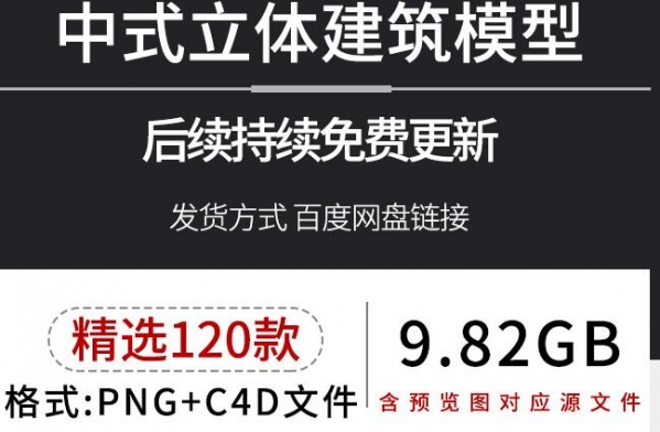 3D平面中式天井凉亭下塔景不雅古修建图元素PNG免抠C4D平面模子素材