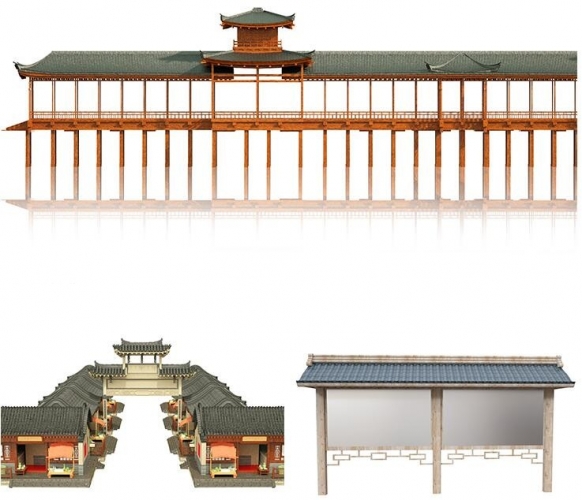 3D平面中式天井凉亭下塔景不雅古修建图元素PNG免抠C4D平面模子素材